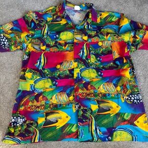 Vintage Fashion Seal Men's XL Short Sleeve Button Up Tropical Neon Print Cotton